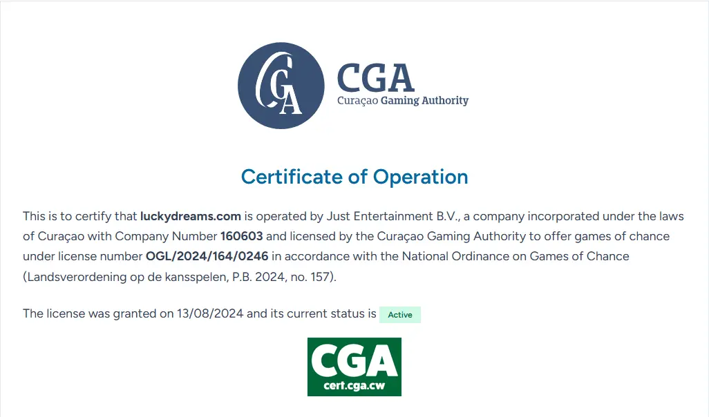 Curaçao Gaming Authorityn sertifikaatti Lucky Dreamsin lisenssistä OGL/2024/164/0246