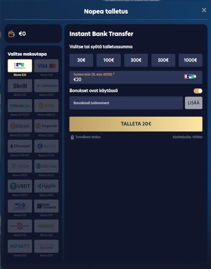 Lucky Dreamsin kassa, jossa pankkisiirto, korttimaksut, verkkolompakot ja kryptovaluutat