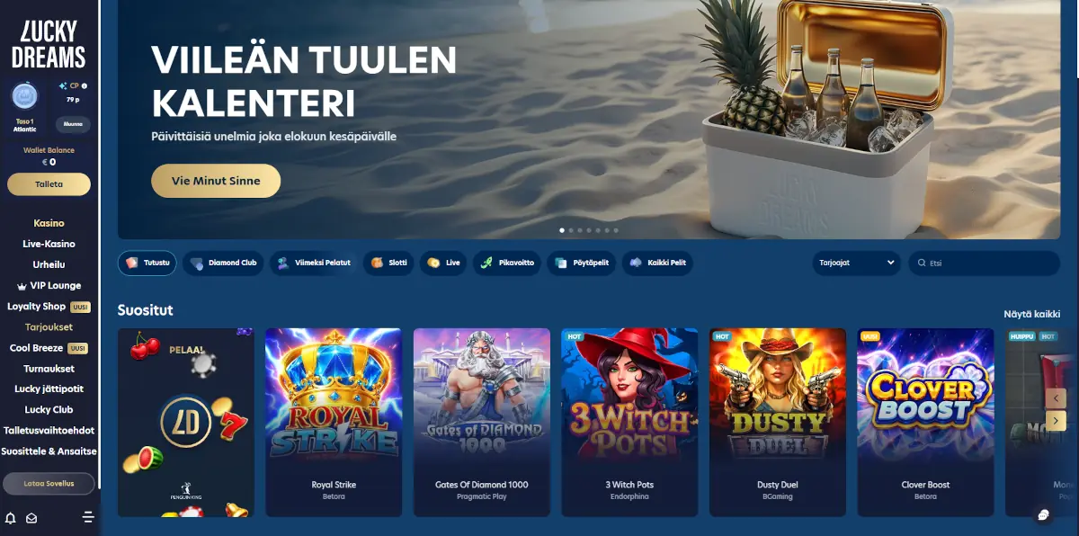 Lucky Dreamsin peliaula, jossa pelit suodatettu kategorioittain ja pelinvalmistajan mukaan