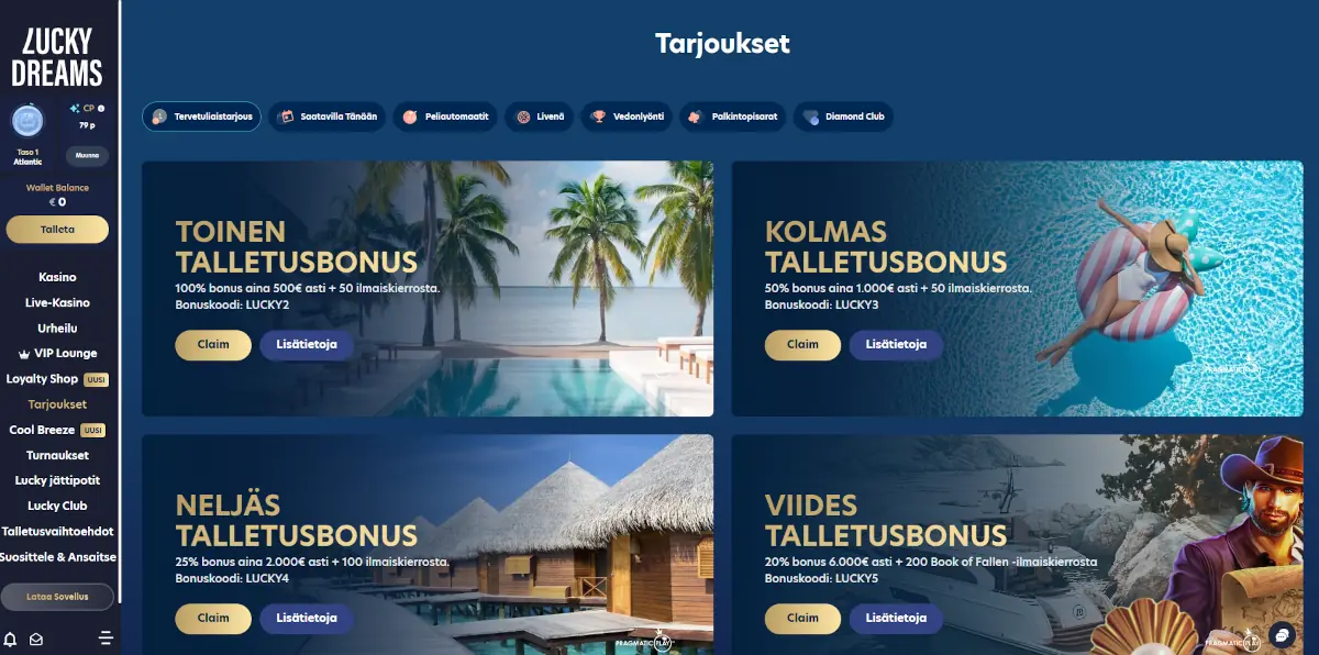 Lucky Dreamsin tarjoussivu, jossa toisen, kolmannen, neljännen ja viidennen talletusbonuksen ehdot ja bonuskoodit